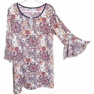 PerSeption concept mosaic print flare bell long sleeve A line dress boho XL